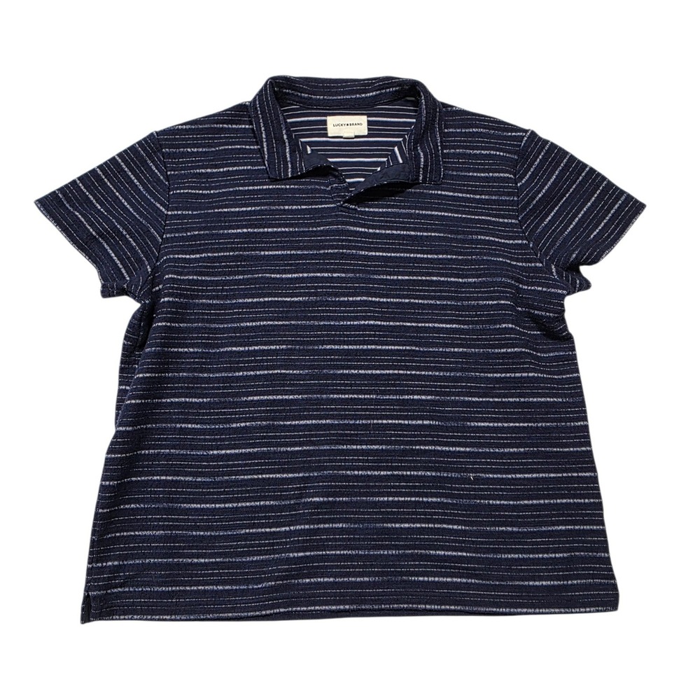 Lucky Brand Jacquard Johnny Collar Polo Shirt Mens L Blue Cotton Blend Striped